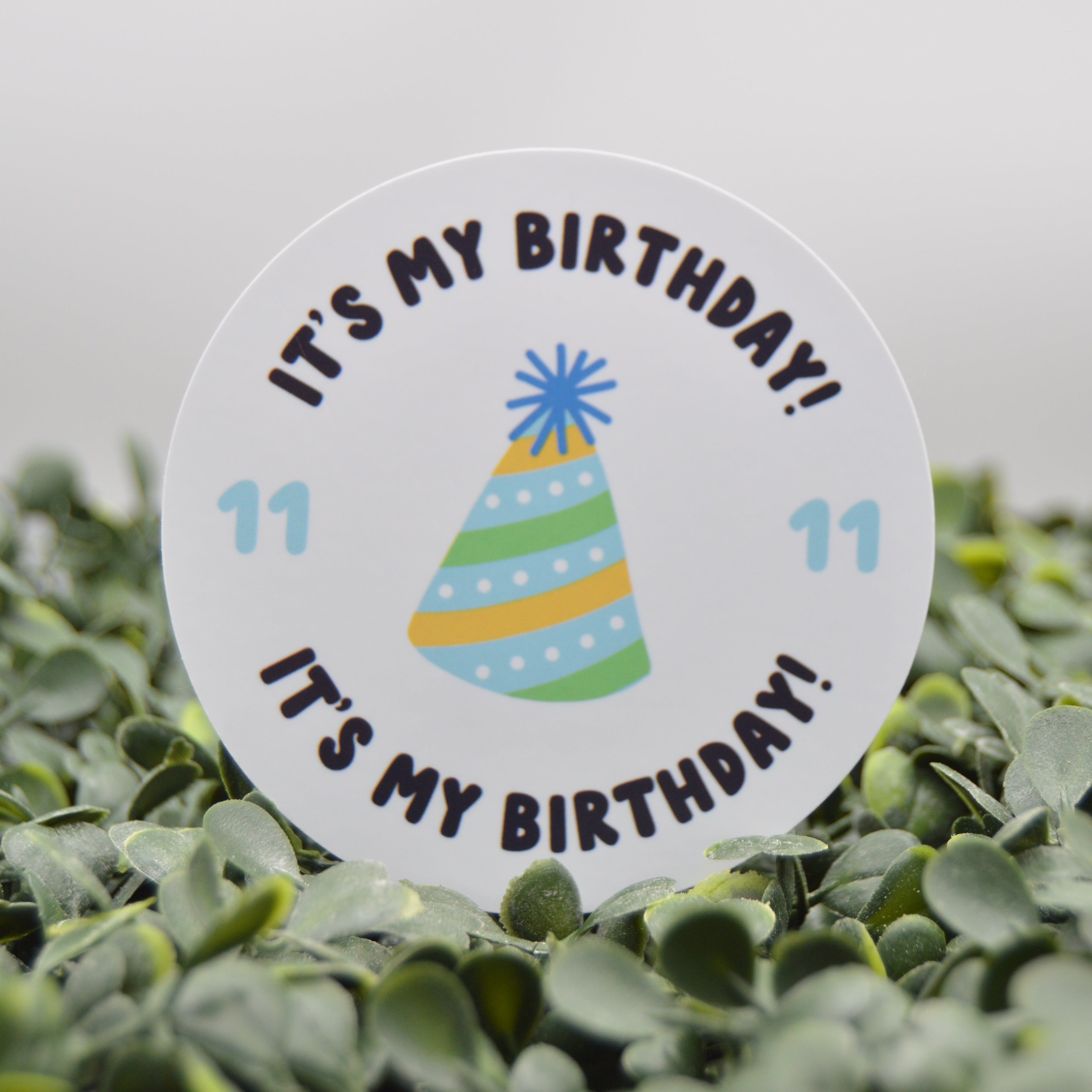 A round white sticker or decal with the text 'IT'S MY BIRTHDAY!' and '11' on both sides, featuring a colorful striped party hat illustration in the center. The sticker is displayed upright on a bed of green leaves against a soft gray background.