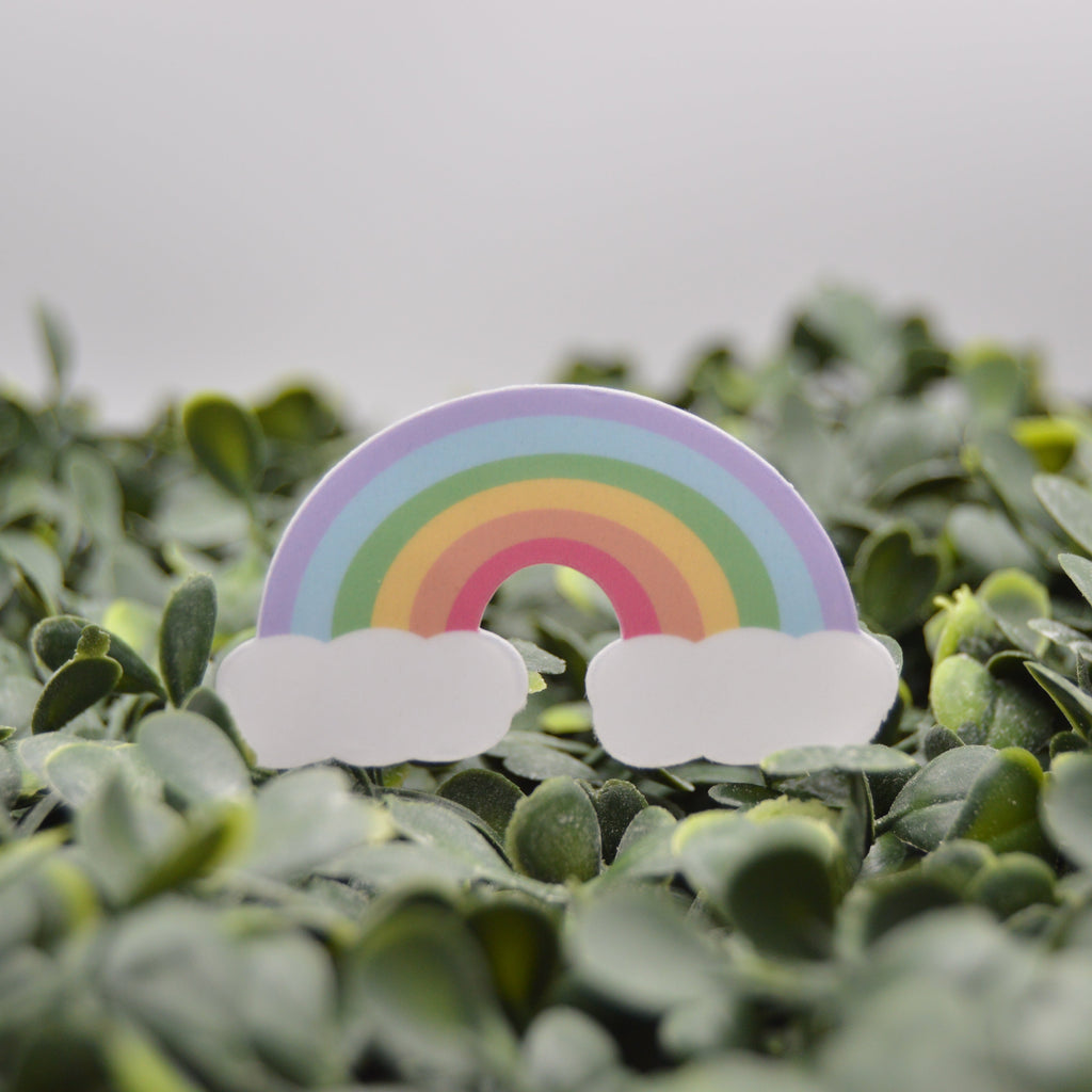 A small rainbow-shaped decorative item with white cloud-like shapes at the base, placed among dense green leaves against a soft light gray background.