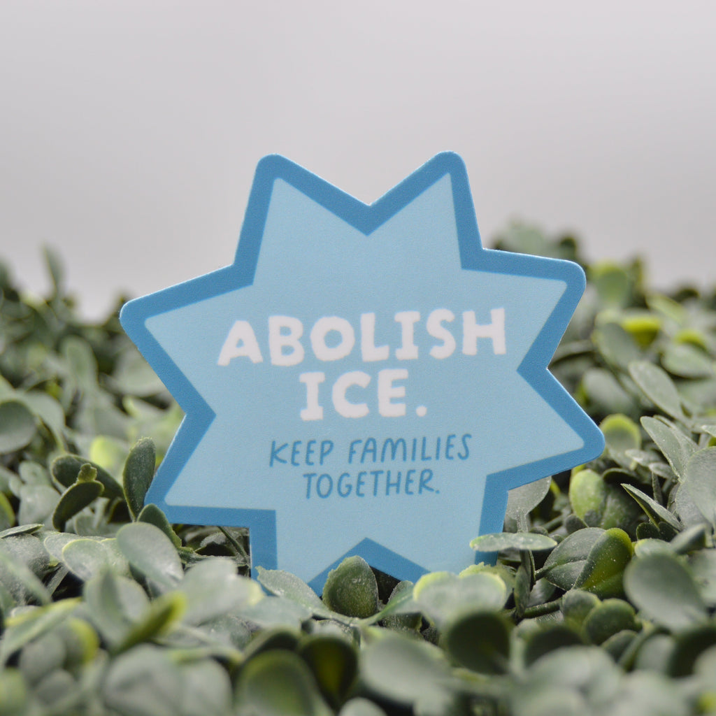 A light blue star-shaped sign with the text 'ABOLISH ICE. KEEP FAMILIES TOGETHER.