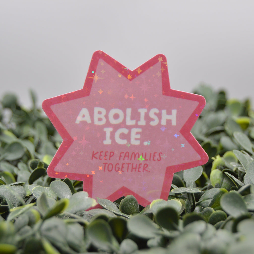 A pink glittery star-shaped sign with the text 'ABOLISH ICE. KEEP FAMILES TOGETHER.
