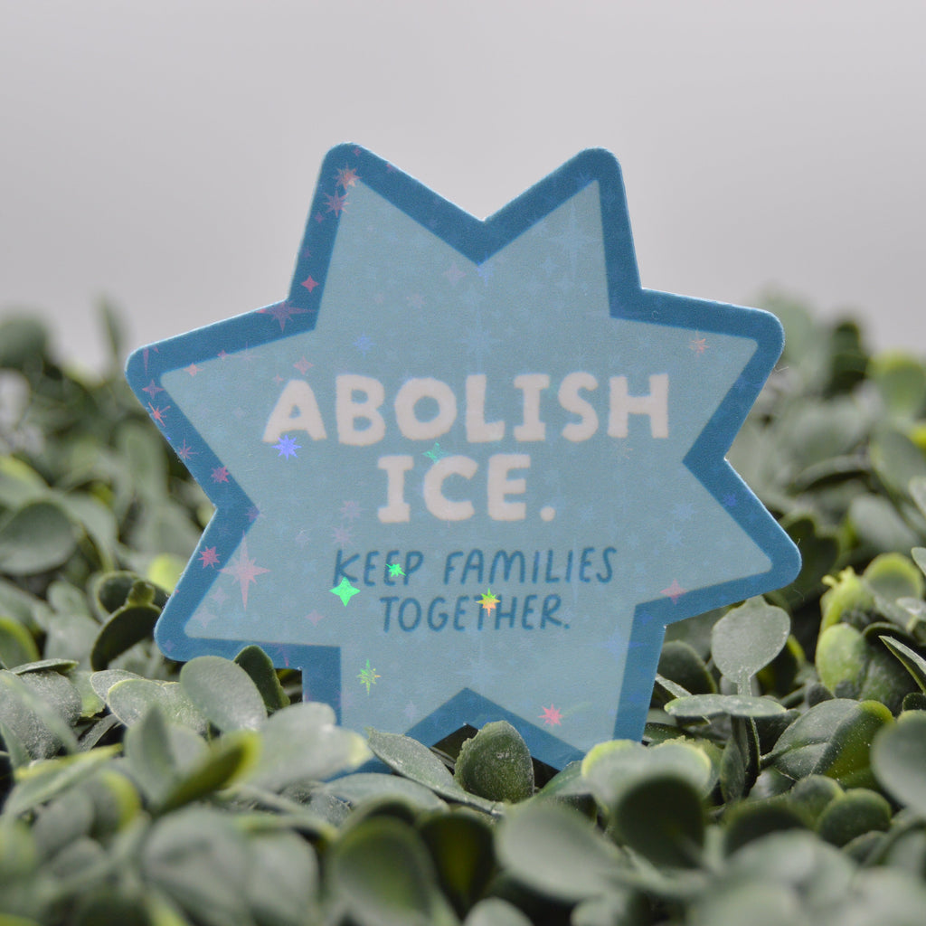 A light blue star-shaped sign with the text 'ABOLISH ICE. KEEP FAMILIES TOGETHER.