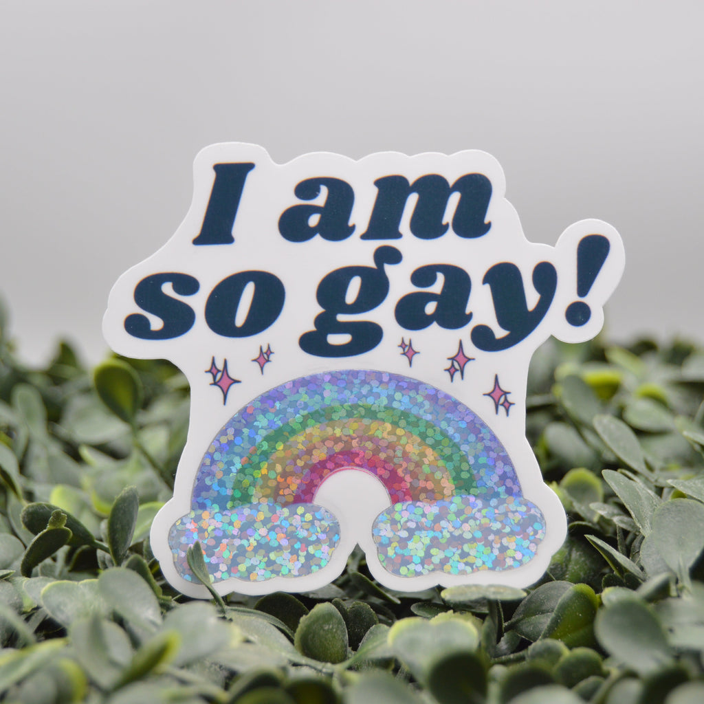 A die-cut sticker with the text 'I am so gay!' in dark blue lettering above a glittery rainbow and sparkles, displayed on green foliage against a soft gray background.