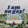 A die-cut sticker with the text 'I am so gay!' in dark blue lettering above a rainbow and white clouds, shown standing upright on green foliage against a soft gray background.