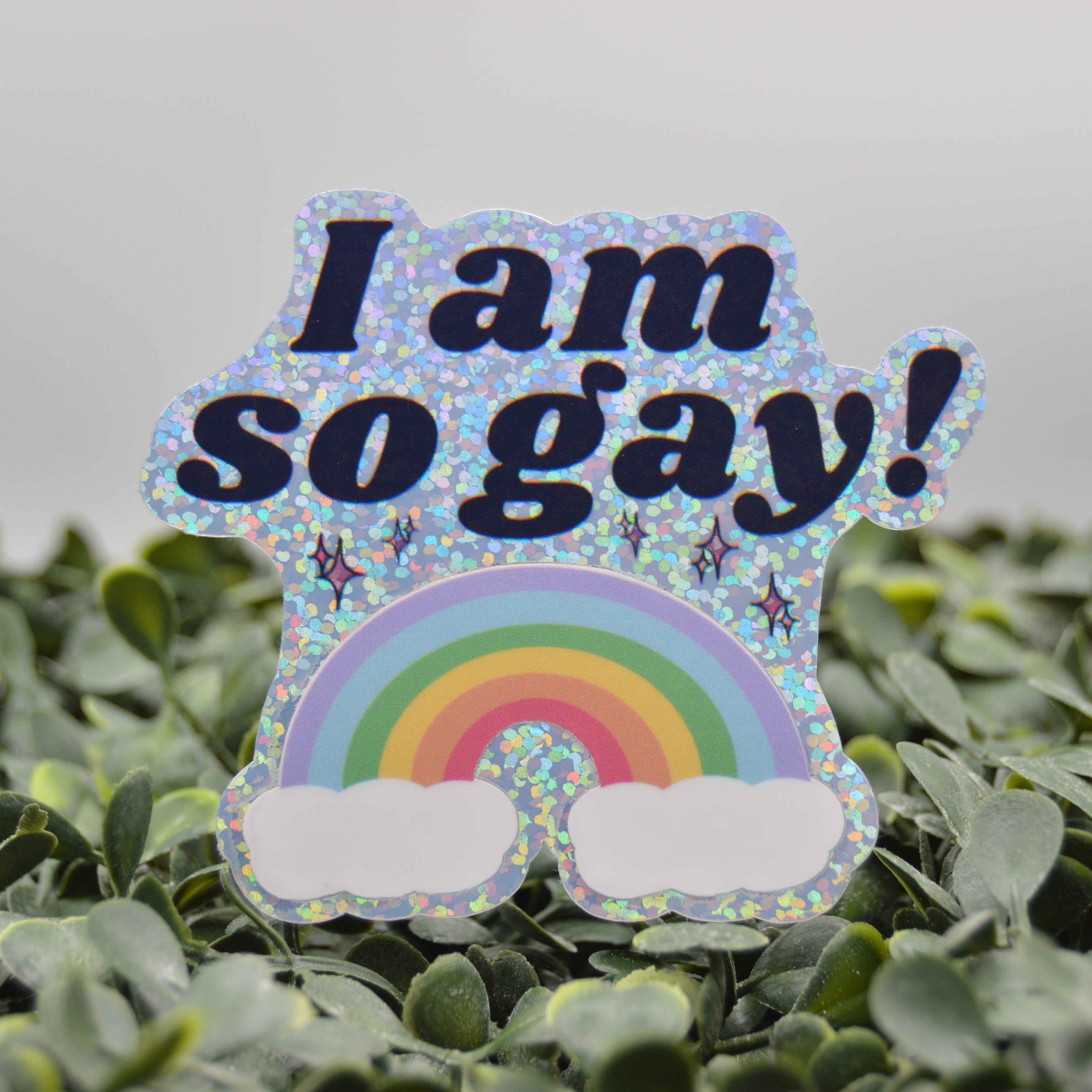 A die-cut sticker with the text 'I am so gay!' in dark blue lettering above a rainbow and white clouds, shown standing upright on green foliage against a soft gray background.