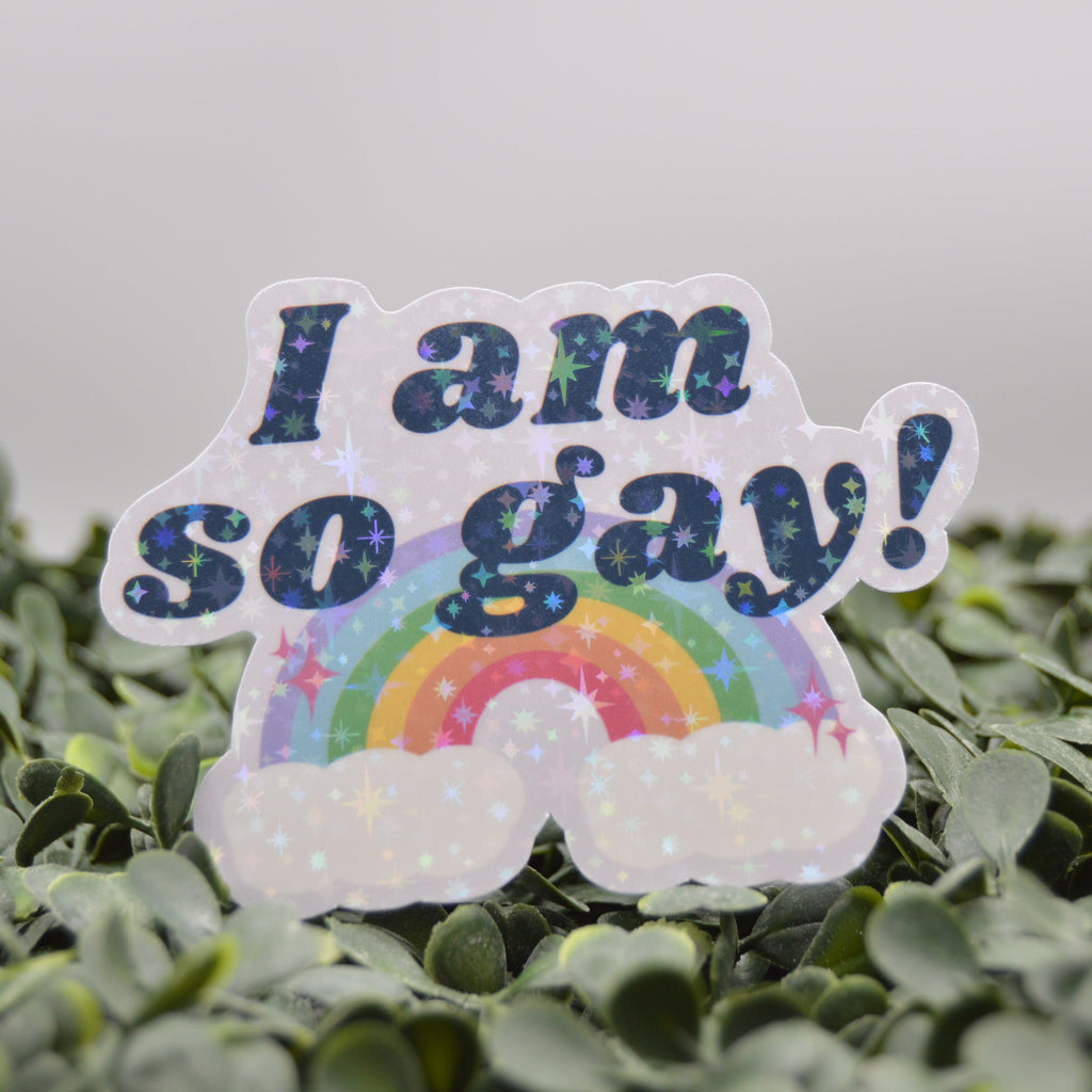 A die-cut sticker with the text 'I am so gay!' in glittery dark blue lettering above a rainbow and clouds, displayed on green foliage against a soft gray background.