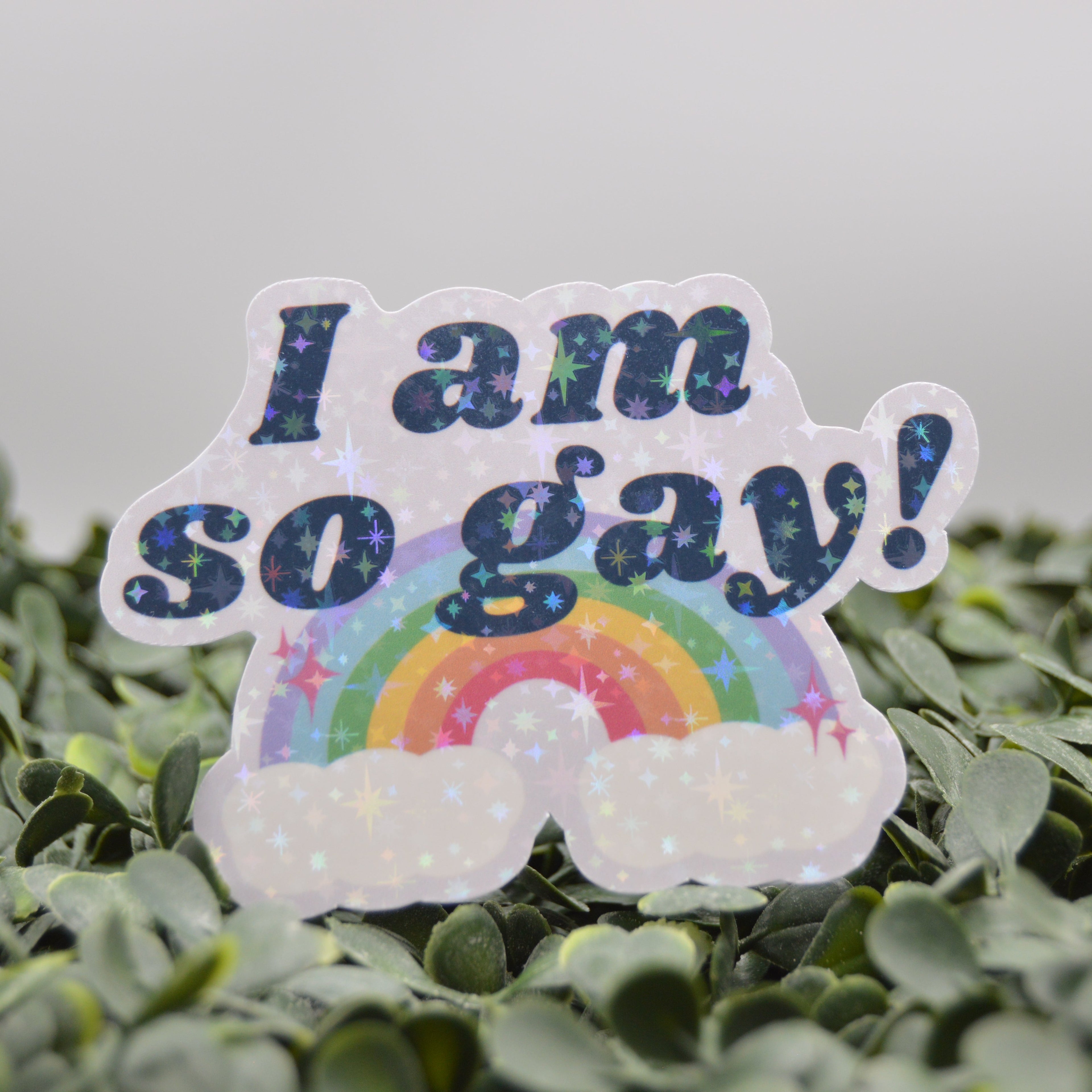 A die-cut sticker with the text 'I am so gay!' in glittery dark blue lettering above a rainbow and clouds, displayed on green foliage against a soft gray background.