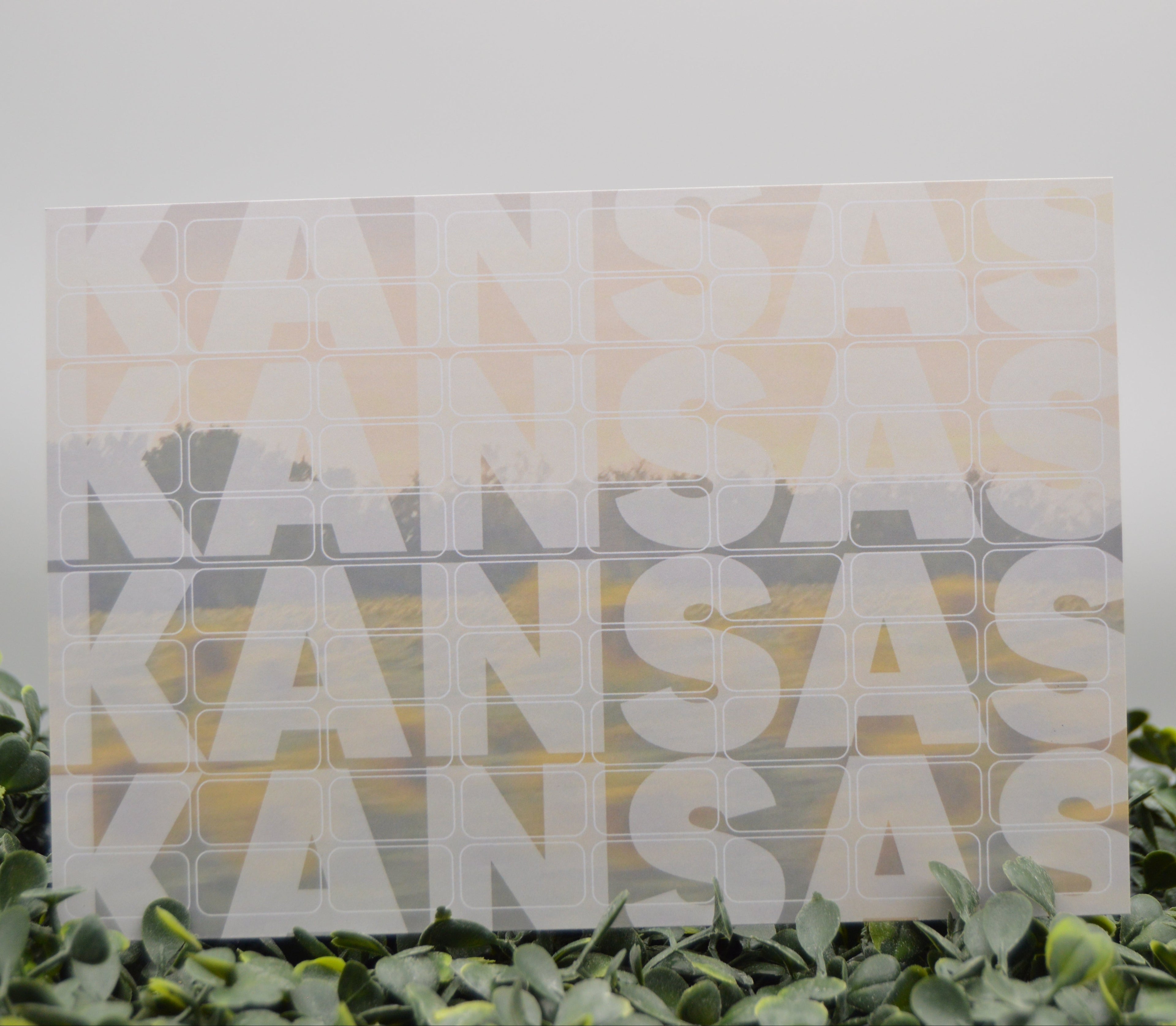 A square acrylic art print featuring the word 'KANSAS' repeated in large white letters over a soft landscape gradient of yellow, orange, and gray. The print is styled standing upright on a bed of green eucalyptus leaves against a neutral light gray background.
