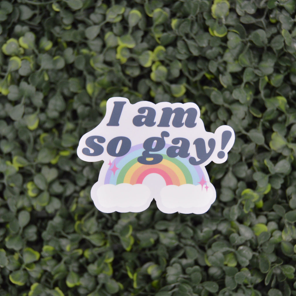 A die-cut sticker with the text 'I am so gay!' in dark blue letters above a rainbow and white clouds, placed on a green leafy background.