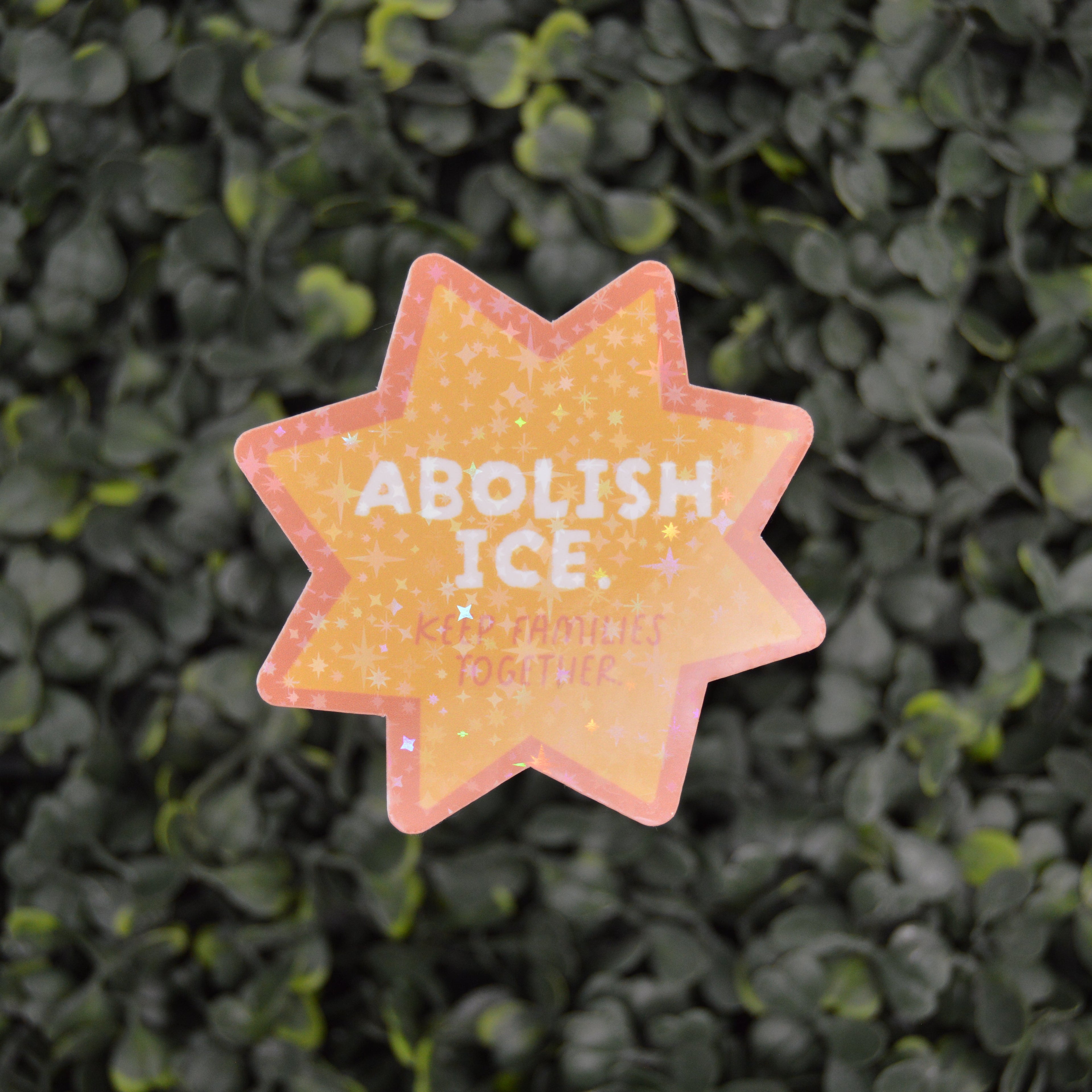 A star-shaped pink and orange sticker with white text reading 'ABOLISH ICE' and 'I DON'T WANT TO TRAMBLING' placed against a background of green foliage.