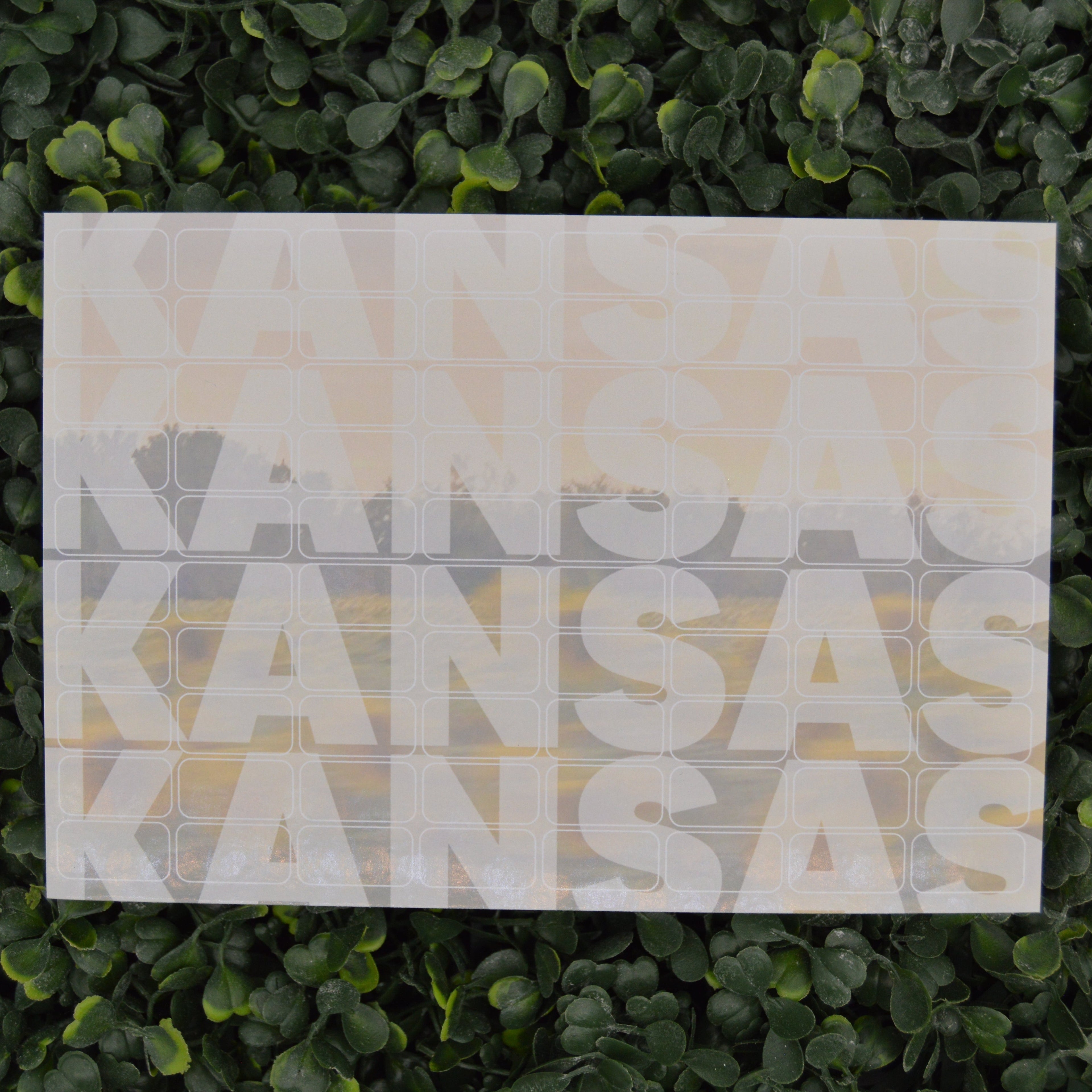 A square wall art print featuring the word 'KANSAS' repeated vertically in large white letters over a soft sunset landscape, displayed against a green leafy hedge background.