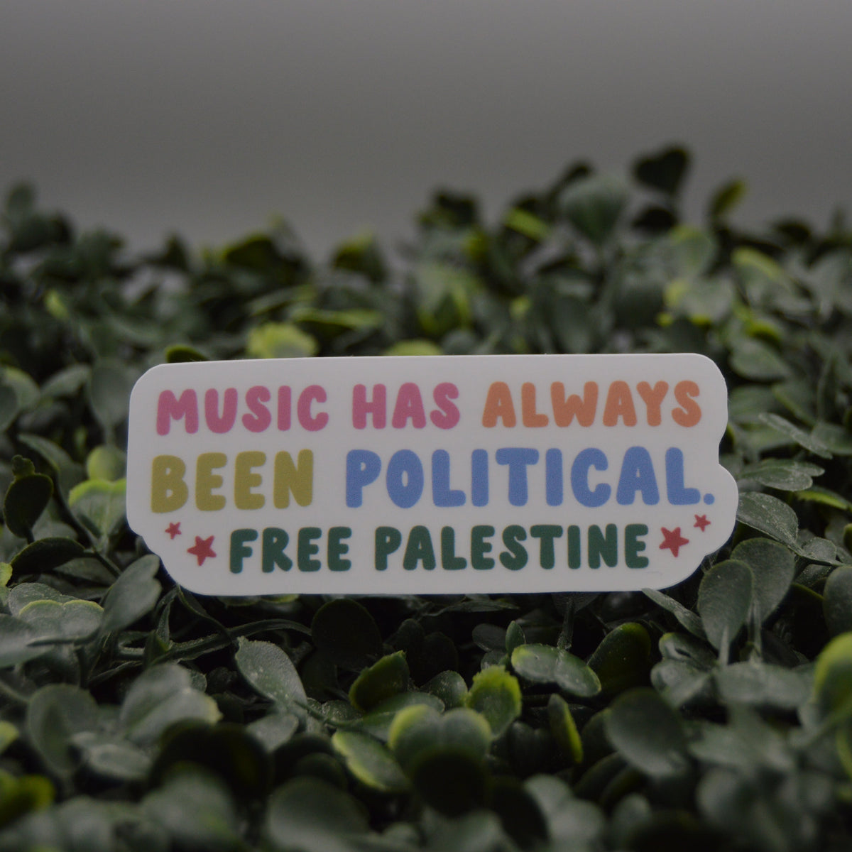 A die-cut sticker with the text 'MUSIC HAS ALWAYS BEEN POLITICAL. FREE PALESTINE' in colorful lettering, displayed on a bed of green leaves.