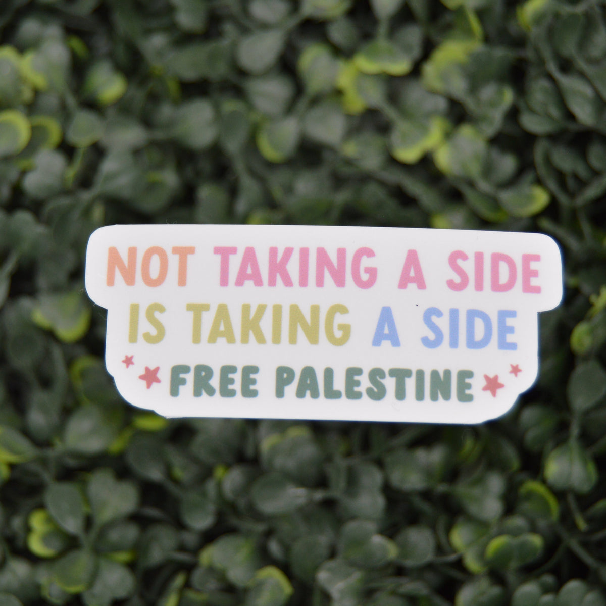 A die-cut sticker with the text 'NOT TAKING A SIDE IS TAKING A SIDE FREE PALESTINE' in multicolored letters on a white background, placed against a blurred green leafy backdrop.