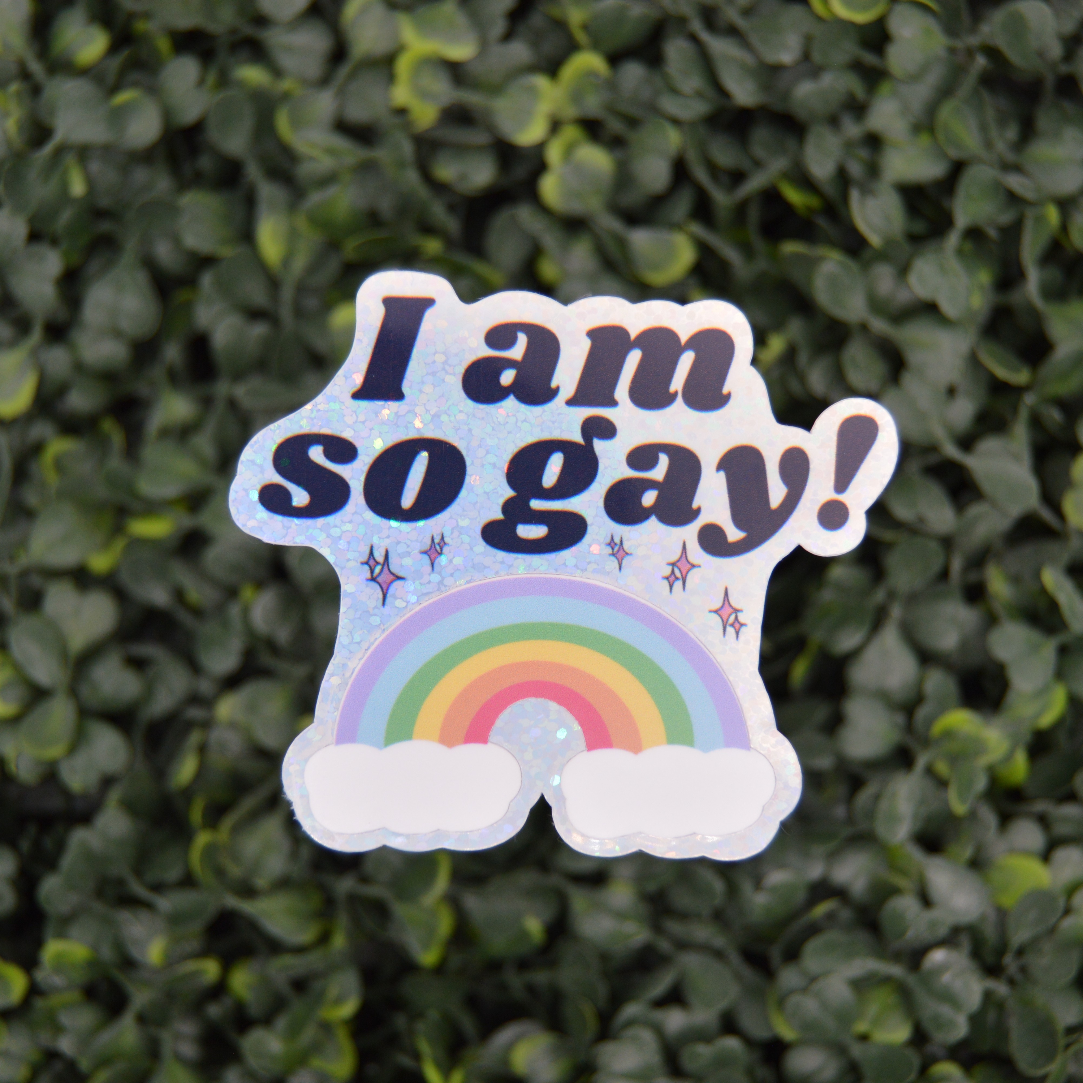 A die-cut sticker with the text 'I am so gay!' in dark blue lettering above a rainbow and clouds, placed against a background of green foliage.